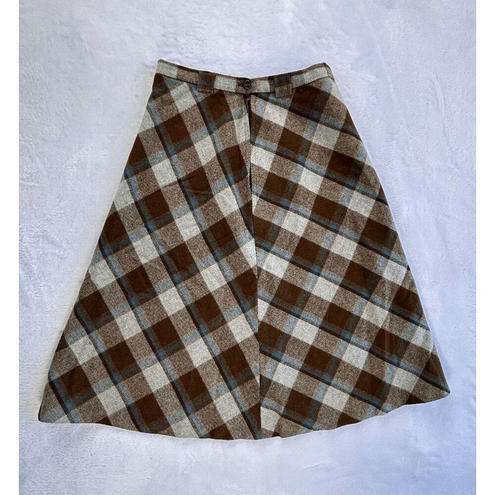 Vintage 1960s Brown/Gray Plaid Below Knee A Line Skirt, Size 12/ Waist 26, Retro - Picture 6 of 8